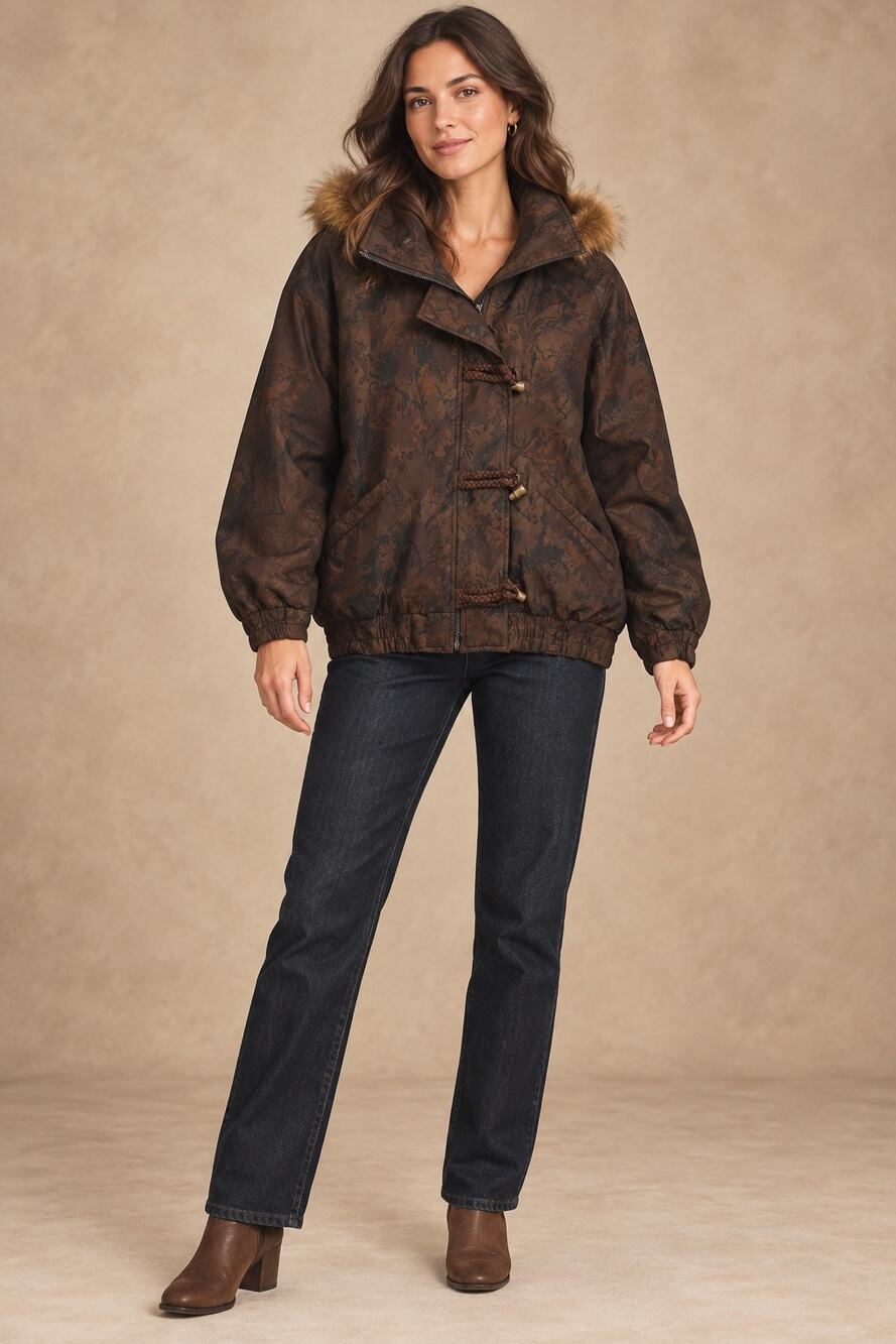 Carole Little Saint Tropez West Brown Floral Hooded Toggle Jacket Medium